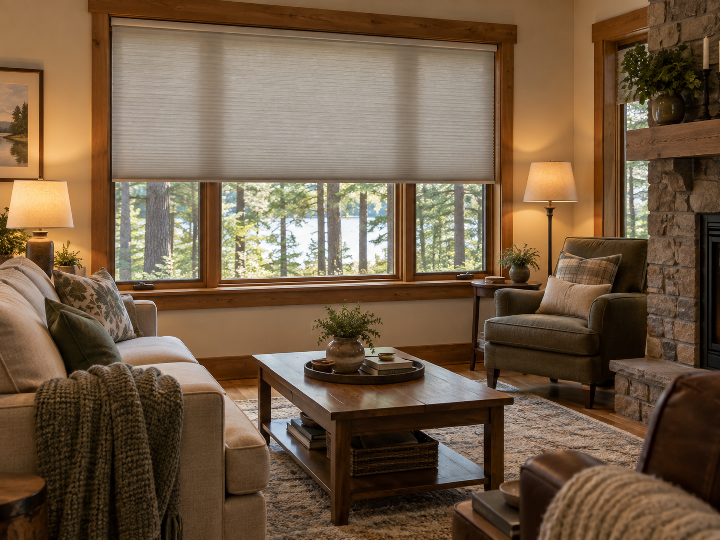 Warm Northwoods living room with comfortable furnishings and shaded windows