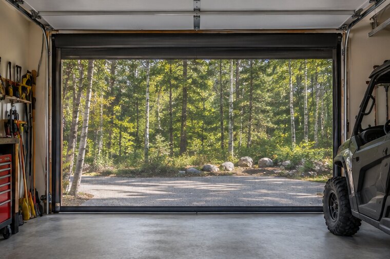 Garage Screen Systems shown in a natural window setting