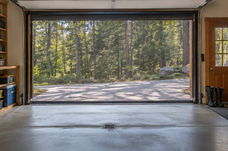 Garage Screen Systems shown in a natural residential setting