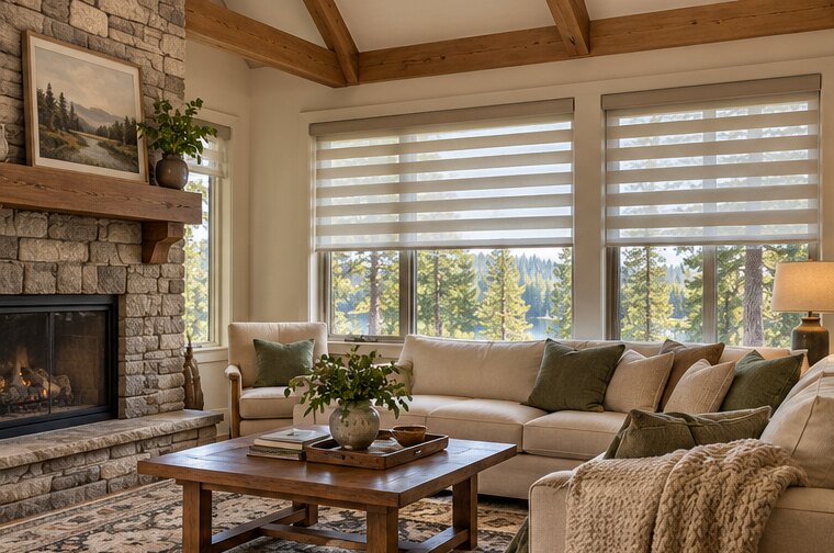 Layered Zebra Shades in a comfortable home
