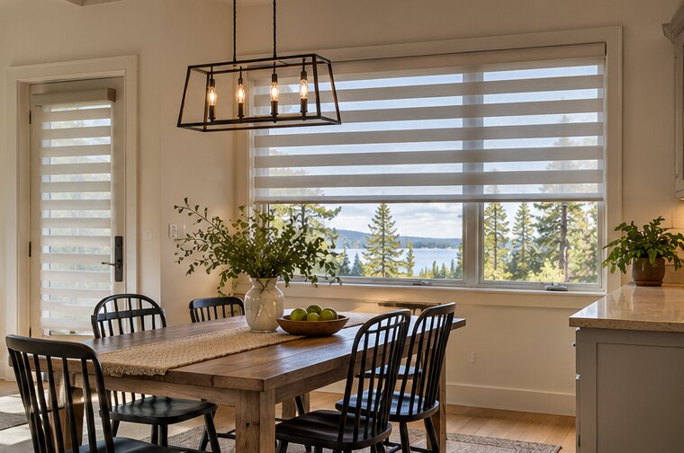 Layered Zebra Shades shown in a natural window setting