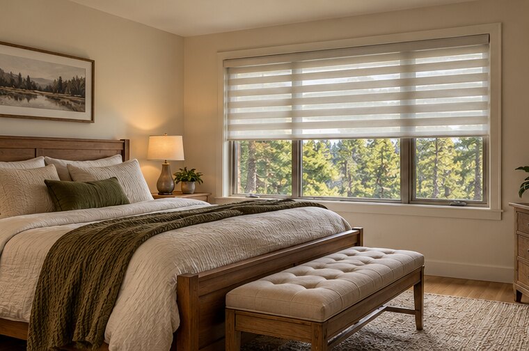Layered Zebra Shades shown in a natural home interior