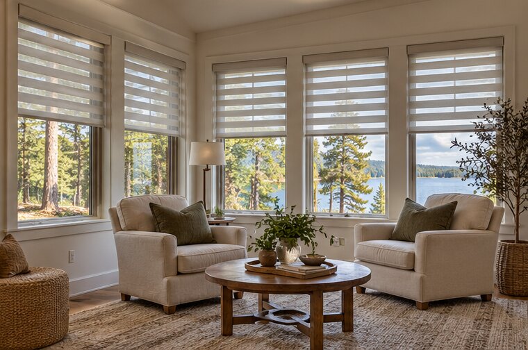 Layered Zebra Shades shown in a natural residential setting