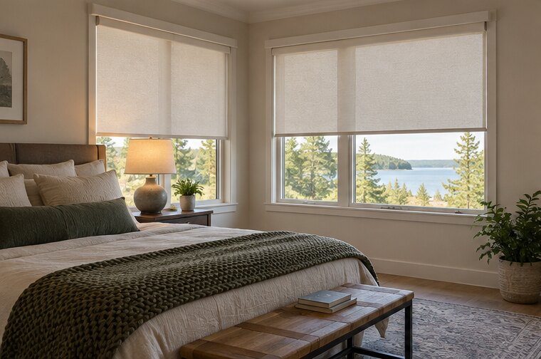 Roller & Solar Shades shown in a natural home interior