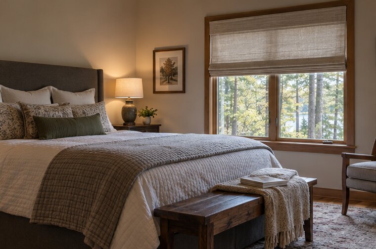 Roman Shades shown in a natural home interior