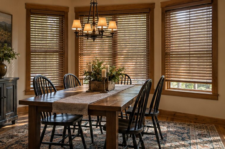 Wood & Faux Wood Blinds shown in a natural window setting