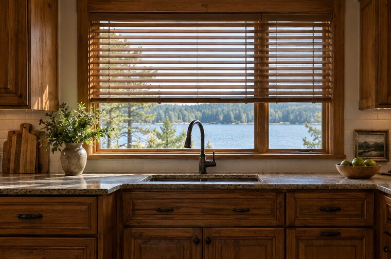 Wood & Faux Wood Blinds shown in a natural residential setting