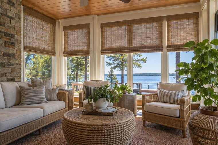 Woven Wood Shades shown in a natural residential setting